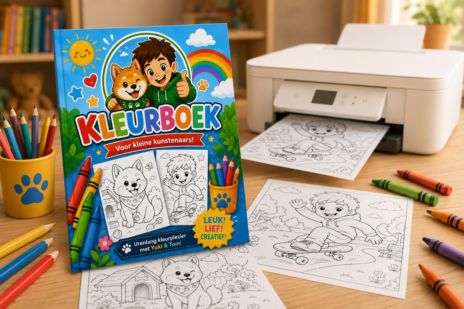Kleurboek van Yuki en Tom op een tafel met kleurpotloden